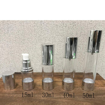 Stok kosong 15ml 30ml 40ml 50ml Screw Lock Pump Plastic Airless Lotion Pump Bottle Cap Perak untuk kemasan kosmetik