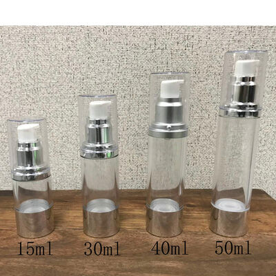 Stok kosong 15ml 30ml 40ml 50ml Screw Lock Pump Plastic Airless Lotion Pump Bottle Cap Perak untuk kemasan kosmetik